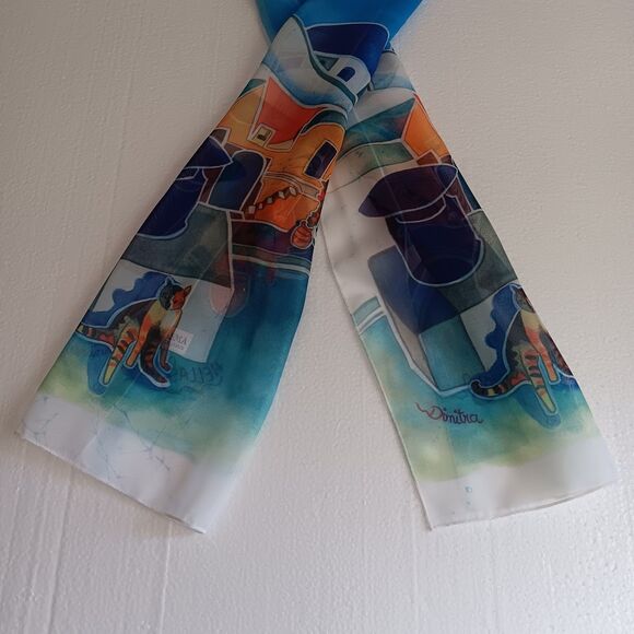 Ifasma Scarf Made In Greece Greek Village Kos Isles Cat Azure Design Rectangle - Picture 8 of 10